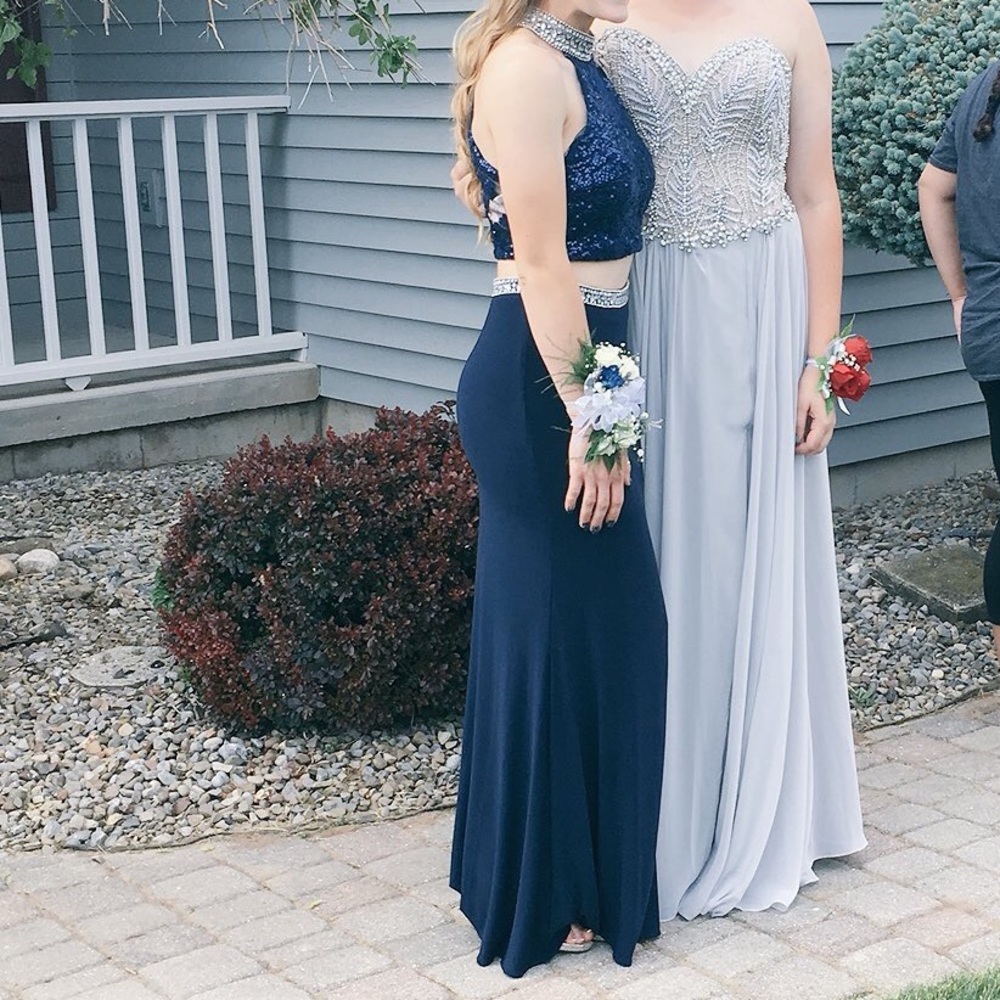 Blue two piece silver jeweled prom dress.